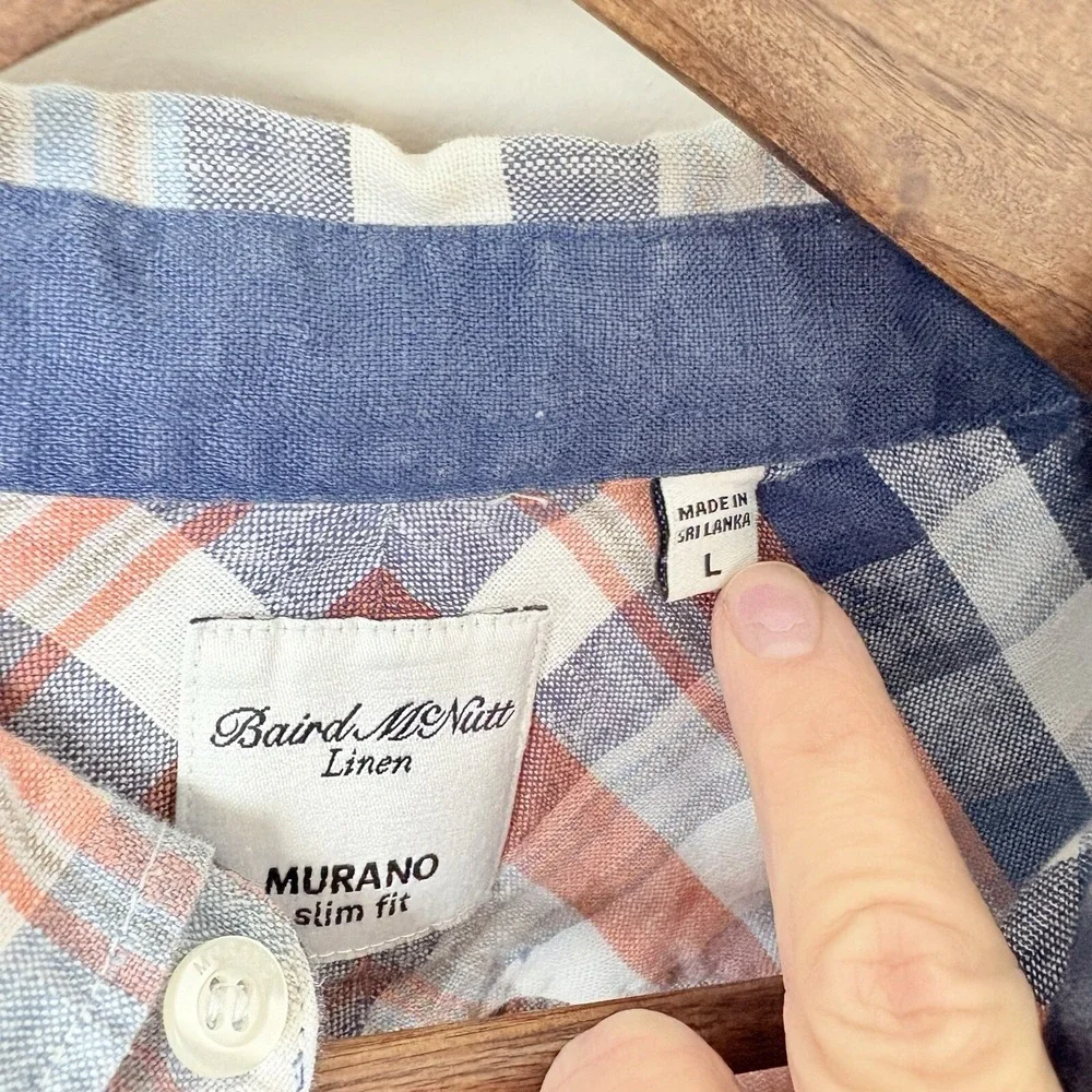 Baird McNutt Mens Linen Shirt Murano Slim Fit Blue Orange Plaid Button Up‎ Large